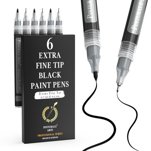 Pinturale Arts® Extra Fine Tip Black Paint Pen | Set 6 Ultra Fine Tip Acrylic Paint Pens (0.7mm & 0.5mm) | For Ceramics, Rock Painting, Glass, Wood, Canvas, Metal - color: Black