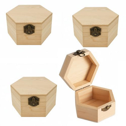 4 Pieces Hexagon-Shaped Unfinished Wooden Box with Lid, Natural Pine Wood Geometric DIY Craft Storage Box for Jewelry, Gift, Keepsake & Home Decor, Unpainted Wooden Organizer, 5.1x4.4x2.8 Inch - size: 4-Pack Hexagon-Shaped Boxes
