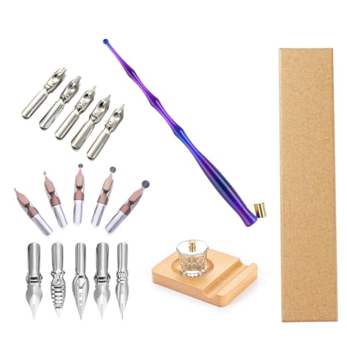 Calligraphy Dip Pen Set English Calligraphy Oblique Nib Holder With Desktop Pen Holder,Ink Bottle Container and 15 Nibs Kit - Pruple - color: Purple
