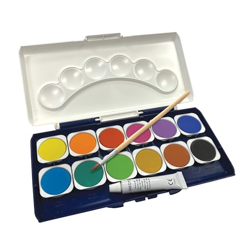 STAEDTLER Watercolor Pans Paint Set, 12 Colors with Paintbrush and Tube of Opaque White Paint, Interchangeable Water Color Paint Pots and Mixing Palette - Watercolors Art Supplies