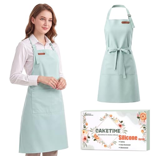 CAKETIME Colorful Silicone Leather Aprons for Women Waterproof Cleaning Cooking Baking Kitchen Bids Mother Chef Funny Gifts - color: Green