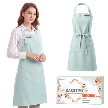 CAKETIME Colorful Silicone Leather Aprons for Women Waterproof Cleaning Cooking Baking Kitchen Bids Mother Chef Funny Gifts - color: Green