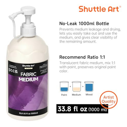 Shuttle Art Fabric Medium, 33.8 oz /1000ml Professional Textile Medium with Pump for Fabric Painting, Improve Acrylic & Fabric Paint Adhesion, Softness, Vibrancy, Prevent Fading, Ideal for T-Shirts,Shoes,Jeans,Bags - size: 33.8 Fl Oz (Pack of 1)