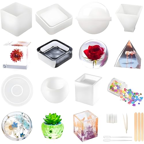 Resin Molds Silicone Kit 20Pcs,Epoxy Resin Molds Including Sphere,Cube,Pyramid,Square,Round, Used for Create Art,DIY,Coasters,Candles.Bonus Decorative Sequins and The Complete Set(20PCS Resin molds) - color: 20PCS resin molds