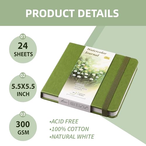 Watercolor Sketchbook Journal, 5.5" Square, 300 GSM Fine Grain Cold Press Paper, 48 Pages, 140lb Heavyweight Cotton Pad for Mixed Media, Gouache & Travel Sketching
