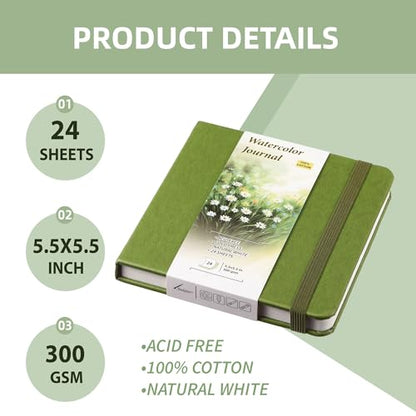 Watercolor Sketchbook Journal, 5.5" Square, 300 GSM Fine Grain Cold Press Paper, 48 Pages, 140lb Heavyweight Cotton Pad for Mixed Media, Gouache & Travel Sketching