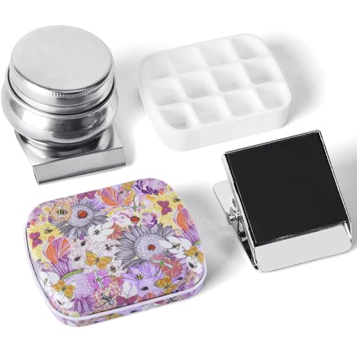 Portable Mini Tin Box 12-Well Empty Watercolor Palette Paint Mixing Tray is a Small Storage Travel Kit with Magnetic Clip and Oil Pot,Making it Perfect for Outdoor Sketching and DIY Painting.Insects - color: Palettes Sets-insects