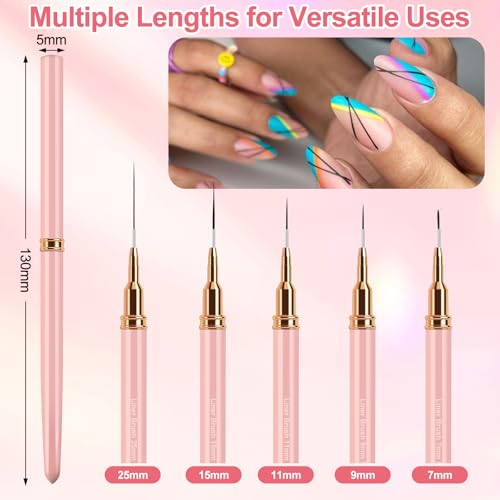 MUIIGOOD Nail Art Liner Brushes, 5Pcs Liner Brush For Nails, Painting Nail Art Brush Set Dotting Drawing Tool for Long Lines, Thin Details, UV Gel Polish Painting, Fine Drawing 7/9/11/15/25mm(Pink) - color: Pink