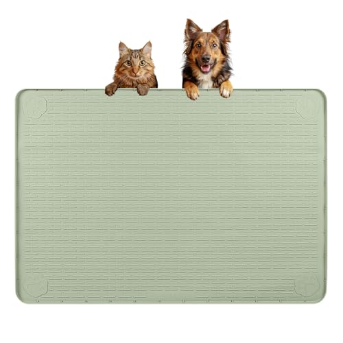 Dog Food Mat 34''x22'' Extra Large Dog Mat for Food and Water, Green | Silicone Dog Bowl Mat with Raised Edge, Waterproof Non-Slip Pet Feeding Mat for Floors, fit for Dog Cat Bowls - color: Light Green, size: 34"L x 22"W
