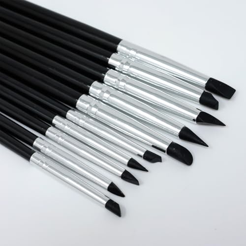 10PCS Silicone Paint Brushes Artwork Shaping Pen Flexible Clay Thick and Thin Tip for Carving Professional Sculpting Tools Mirror Powder Application Black