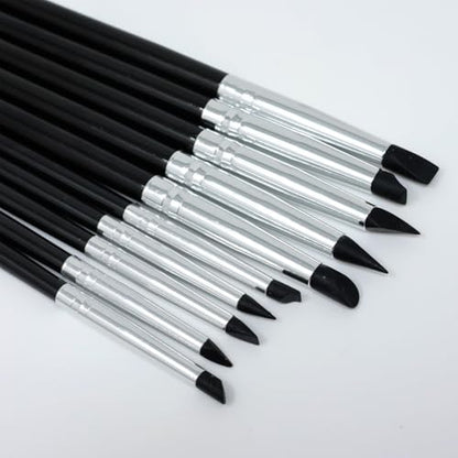 10PCS Silicone Paint Brushes Artwork Shaping Pen Flexible Clay Thick and Thin Tip for Carving Professional Sculpting Tools Mirror Powder Application Black
