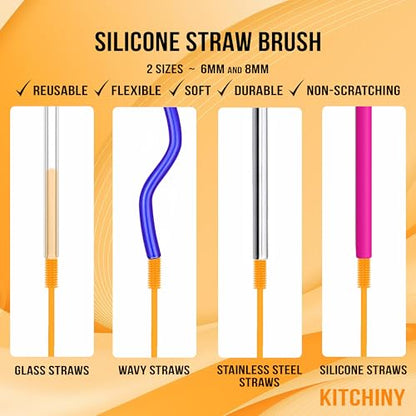 Kitchiny Silicone Bottle Brush with 2 Straw Cleaners - 12.5” Water Bottle Cleaner Brush for Yeti, Hydro Flask, Owala, Stanley, Baby Bottles, Glassware, Vases & Narrow Neck Containers - Orange - color: Orange