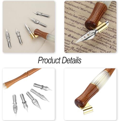 Calligraphy Dip Pen Set Wood English Calligraphy Oblique Nib Holder With Desktop Pen Holder,Ink Bottle Container and 15 Nibs Kit - Brown - color: Brown