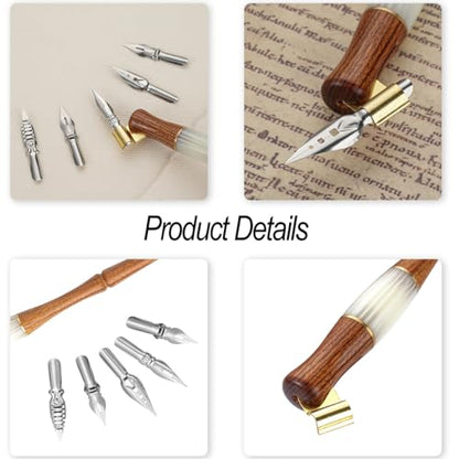 Calligraphy Dip Pen Set Wood English Calligraphy Oblique Nib Holder With Desktop Pen Holder,Ink Bottle Container and 15 Nibs Kit - Black - color: Black