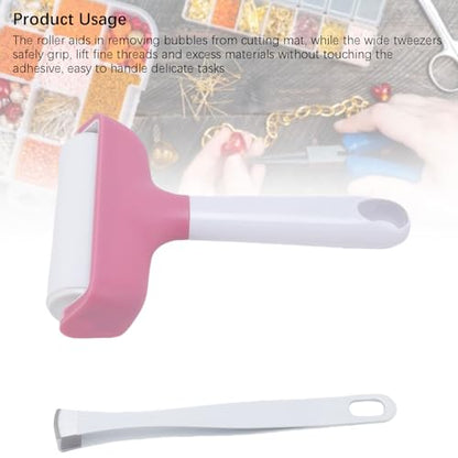 FAUOSWUK Rubber Roller Tool, Silicone Roller and Tweezers Kit, Boat Flooring Install Printmaking Painting Stamping Wallpaper Gluing for Bubble Removal, Gripping and Lifting Threads (Pink) - color: Pink
