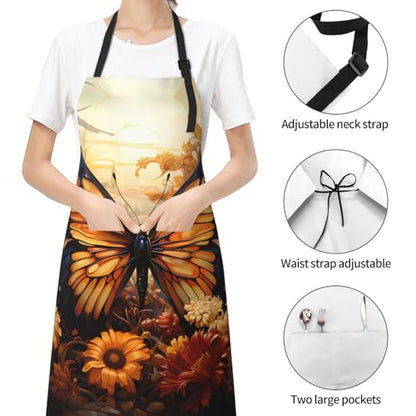 Prancing Brown Horse Heavy Duty Waterproof Apron with Pockets for AdultsResistant Grilling, Gardening, Painting - color: Orange Yellow Butterfly Field Flowers