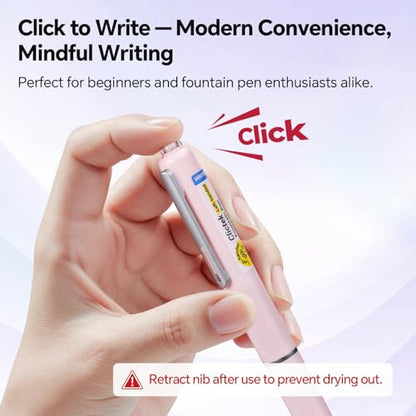 WRITECH Left Handed Fountain Pen: Fine Nib Retractable Style Black Ink Set Includes 5 Ink Cartridges Smooth Writing for Calligraphy Journaling Office Gift - color: Pink