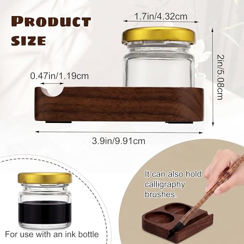 3 Pcs Wooden Tilting Calligraphy Pen Holder with 2 Empty Glass Ink Bottle 4 Inch Calligraphy Oblique Nib Holder Stand Base with Dual Slot Design Desktop Tabel Decoration for Dip Pen