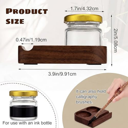 3 Pcs Wooden Tilting Calligraphy Pen Holder with 2 Empty Glass Ink Bottle 4 Inch Calligraphy Oblique Nib Holder Stand Base with Dual Slot Design Desktop Tabel Decoration for Dip Pen