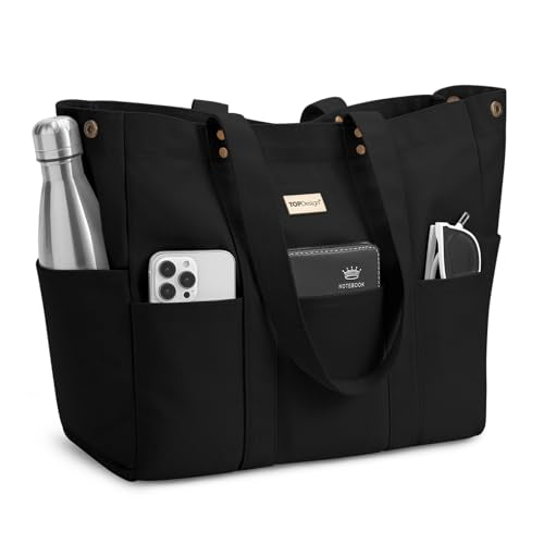 TOPDesign Large Canvas Tote Bag for Women, Shoulder Bag with Laptop Sleeve & Pockets, Everything Tote for Travel, Work (Black) - color: Black