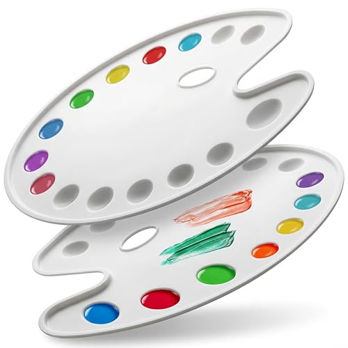 DUGATO 14-Well Oval Paint Palette, 2-Pack Mixing Tray, 14 x 10.5 in | Lightweight Plastic Tray, Easy to Clean, Works with Acrylic, Oil, Watercolor & Gouache - color: Oval
