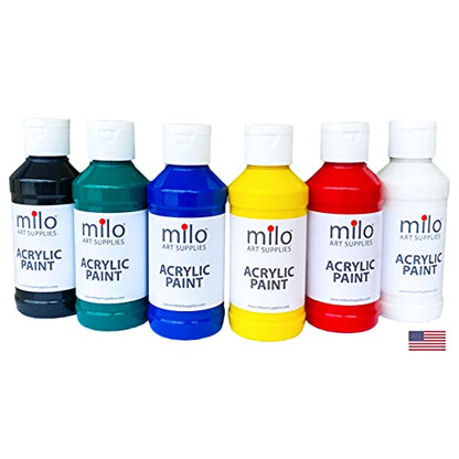 milo Acrylic Paint Set of 6 Colors | 4 oz Bottles | Student Primary Colors Acrylics Painting Pack | Made in the USA | Non-Toxic Art & Craft Paints for Artists & Hobby Painters - style: Primary Set 6 x 4 oz
