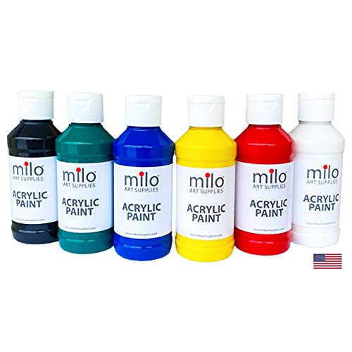 milo Acrylic Paint Set of 6 Colors | 4 oz Bottles | Student Primary Colors Acrylics Painting Pack | Made in the USA | Non-Toxic Art & Craft Paints for Artists & Hobby Painters - style: Primary Set 6 x 4 oz