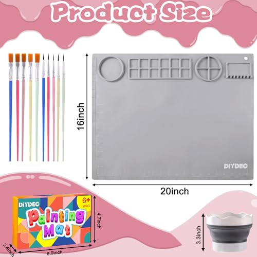 DIYDEC Silicone Craft Mat for Kids 20X16 Inch Large Silicone Art mat with Detachable Cup Painting Mat with 10 Painting Brushes Silicone Mat for Boy Girl DIY Gift Accessories (Grey) - color: Grey