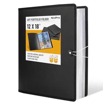 Nicpro 12"x18" Art Portfolio Folder, 30 Pockets Display 60 Pages Art Painting Portfolio Binder with Clear Plastic Sleeves, Presentation Storage Book for Artists Artwork Drawing - (Black) - size: 12"x18"