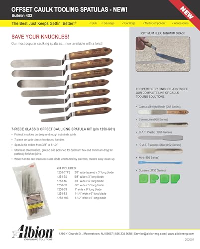Albion Engineering Classic Offset Caulk Tooling Spatula, Stainless Steel, 1-1/4” wide tapered tip x 6” long blade (1258-8S) - size: 1-1/4" Wide Tapered Tip x 6" Long Blade, style: Single