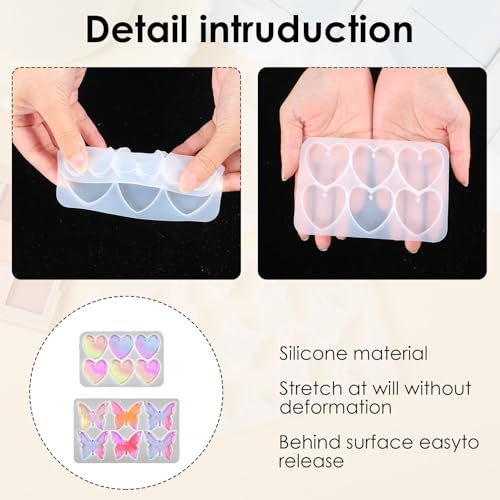 Butterfly Molds Silicone, 2 Pack Fondant Molds 6 Grids Epoxy Resin Mold with Hole Keychain Pendant Mold Heart Shape for DIY Crafts Jewelry Making