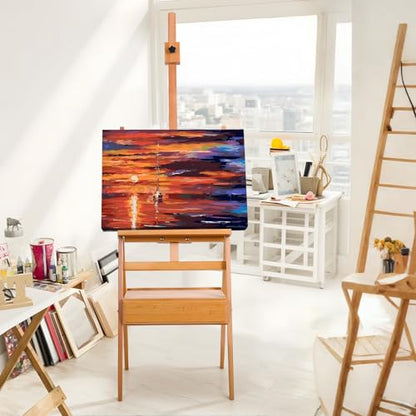 H Frame Easel with Drawer, French Style Artist Easel Solid Beech Wood Adjustable Height 59" to 75" Painting Canvas Holder Stand Tilts Flat Easels for Oil Painting Studio Classroom Adult Kids Wooden C