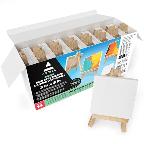 ARTEZA Small Canvases for Painting with Easels, Pack of 14, 3 x 3 Inches, Blank White Canvas for Painting, Art Supplies for Acrylic, Oil and Gouache - color: White - Classic, size: 3 x 3 (Pack of 14)
