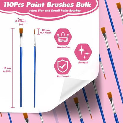 Small Paint Brushes Bulk, 110 Pcs Flat Tip Round Acrylic Paint Brushes for Kids Classroom Acrylic Watercolor Canvas Face Painting Touch Up - style: Mixed(55Flat+55Fine)