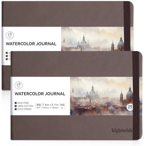 Lightwish Watercolor Journal, 2 Pack 40 Sheets 100% Cotton Cold Press Watercolor Paper Sketchbook 7.6” x 5.3”,140lb/300gsm, Acid-Free for Watercolors, Gouache, Acrylics - color: Brown, size: 7.6*5.1 Inches