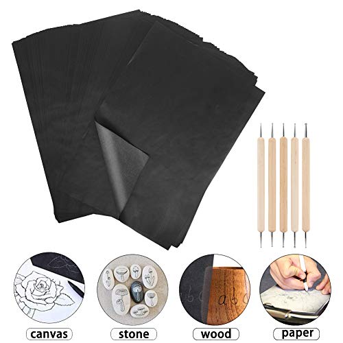 100 Pcs Carbon Transfer Paper with 5 Pcs Embossing Styluses Tools 11.7 X 8.3 Inch Copy Paper for Tracing Pattern on Wood Paper Canvas Cloth (Black) - color: Black