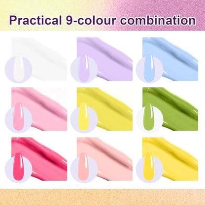 9 Colors Pat Painting Nail Gel,Hema＆TPO Free,6-in-1 Gradient Ombre Paint Nails Gel Palette for Blooming,Nail Color Gel,Liner Gel,French Nail,with Chrome Powder,No Wipe,DIY Nail Art(J) - color: Fairy Spring