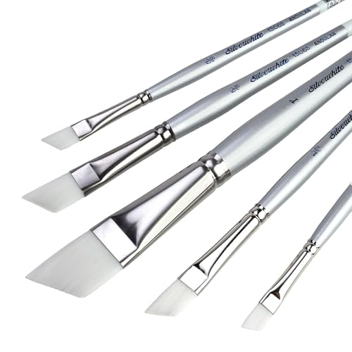 Silver Brush Limited SW-1587S Silverwhite Short Handle Angle Brushes with Soft Synthetic Taklon, 5pc Premium Artist Painting Bundle for Acrylics, Watercolor, Gauche, Ink, Dye, Craft Paint, & Tempera - style: 5 Pc, Short Handle Angles