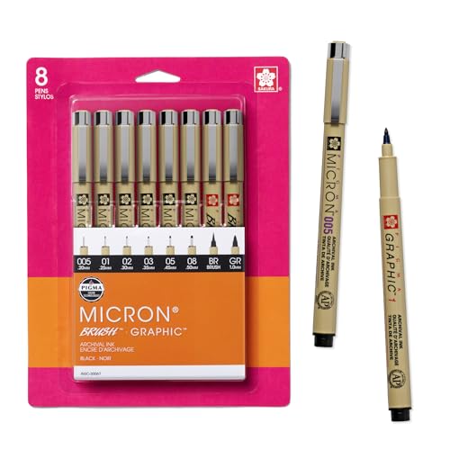 Sakura Pigma Micron, Graphic & Brush Fineline Pens, Archival Black Ink, 8 PK 30067 - size: 8 Count (Pack of 1)