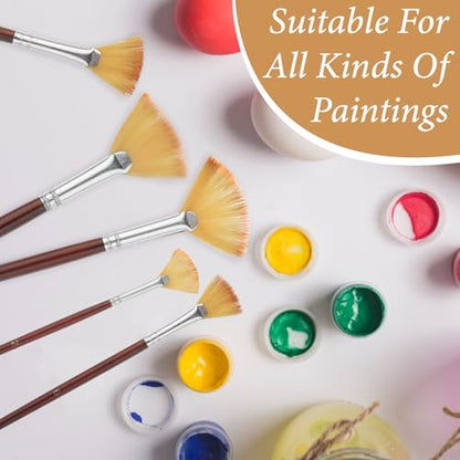 COMNICO 42 Pcs Fan Paint Brushes, Professional Artist Painting Brush Set Soft Nylon Hair Brush Long Wooden Handle for Artists Acrylic Watercolor Oil Painting