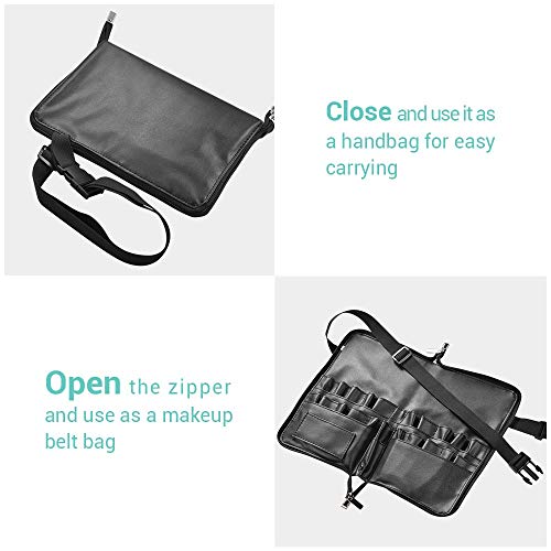 BYOOTIQUE 2in1 Multi Brush Holder Waist Zipper Bag Professional Portable Foldable Cosmetic Makeup Pouch with Belt Strap Artist Storage Organizer - color: Black 2in1