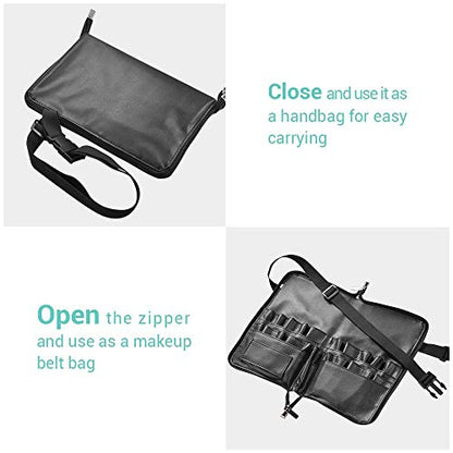 BYOOTIQUE 2in1 Multi Brush Holder Waist Zipper Bag Professional Portable Foldable Cosmetic Makeup Pouch with Belt Strap Artist Storage Organizer - color: Black 2in1