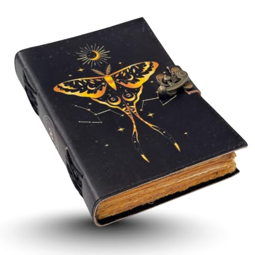 Oficart Handmade Leather Journal – Vintage Diary with Antique Lock & Eco-Friendly Cotton Paper | Celestial Notebook for Writing, Sketching, Travel, Art, Poetry, Spiritual & Gift Use (Luna Moth & Moon) - color: Luna Moth & Moon