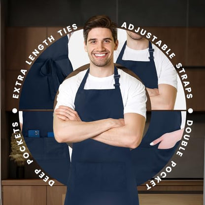 Adjustable Bib Apron 100% Polyester Kitchen Aprons Waterdrop Resistant Aprons with Adjustable Strap, Pockets & Long Ties - color: Navy Blue, style: Pack of 12