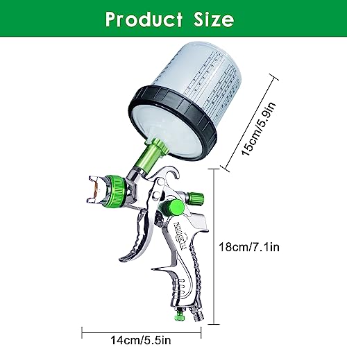 HVLP Paint Gun with 1.4/1.7/2.0mm Nozzles,Air Spray Paint Gun w/10pcs 20 Ounce Mixing Cup and Lids & Air Pressure Gauge for Car Painting,Furniture Surface Spraying (Green) - color: Green