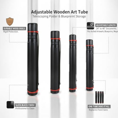 Adjustable Wooden Art Tube, Telescoping Poster and Blueprint Storage Case, Rigid Black Cylinder for Rolled Documents (1 PC) - size: 14.96 x 4.13 x 4.13 in