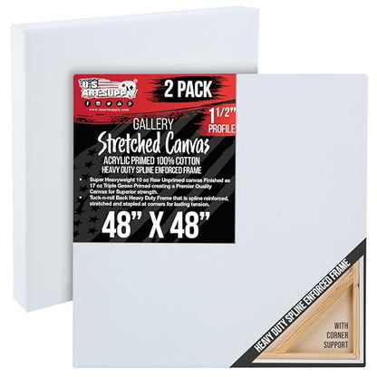 U.S. Art Supply X-Large Stretched Canvas for Painting 48x48 inch Gallery Depth 1-1/2" Thick, 2-Pack - 12oz Acrylic Gesso Triple Primed, Professional Artist Quality, 100% Cotton - Oil, Pouring Paint - size: 48" x 48"