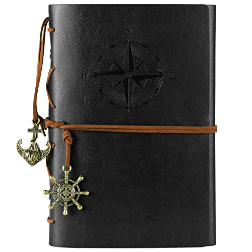 MALEDEN Leather Journal Notebook, Vintage Spiral Notebook Refillable Daily Planner Embossed Travel Journal Diary with Blank Pages and Retro Pendants (Black) - color: Black