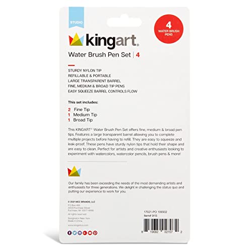 KINGART Studio Water Brush Pens, Assorted Tips, Set of 4