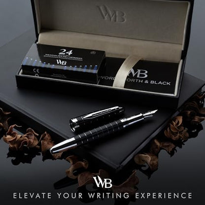 Wordsworth & Black Majesti Fountain Pen-(Checked), Luxury Case, Chrome Finish; Fine Nib- Ink Cartridges, Refillable Ink Converter-Calligraphy Pen-Best Business Gift Set for Men & Women | Checked, Gift for Men Women, Chrome Finish, 18K German Iridium, Call